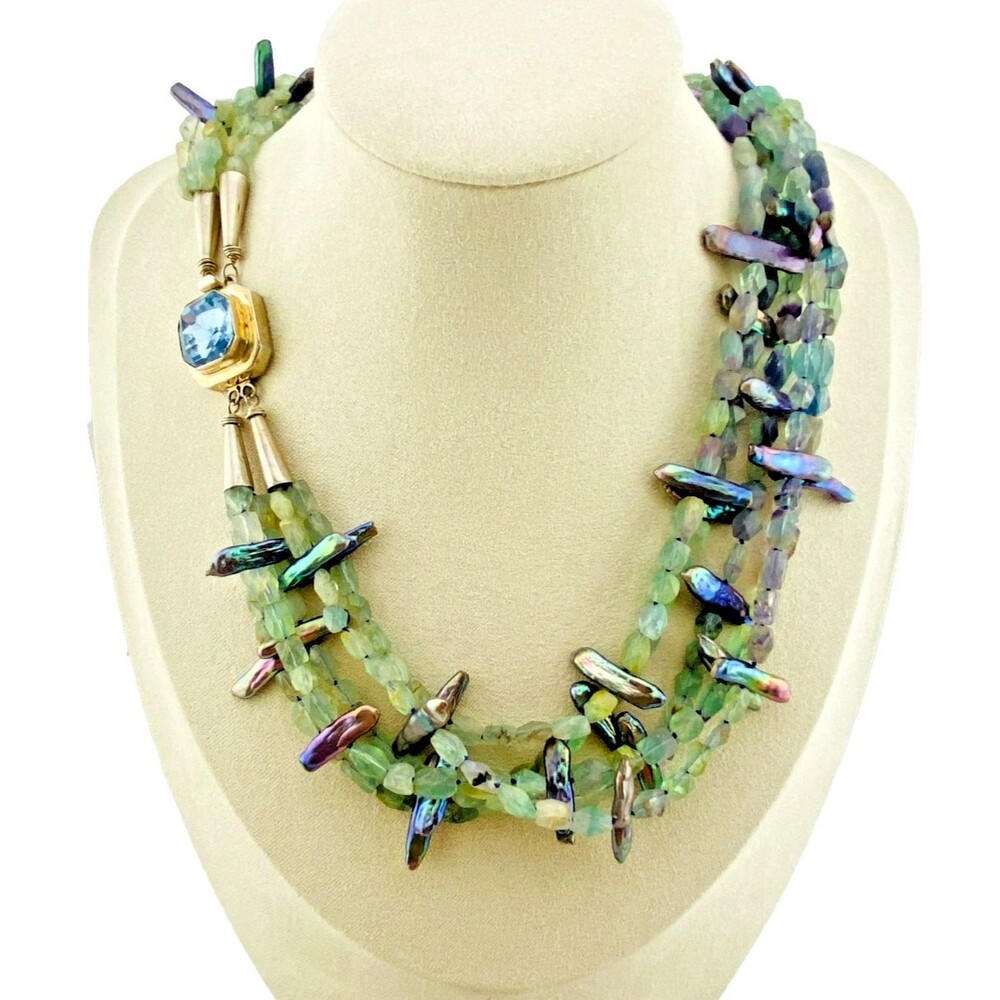 OOAK Peacock Biwa Pearl Fluorite Sterling Silver 5 Strand Necklace